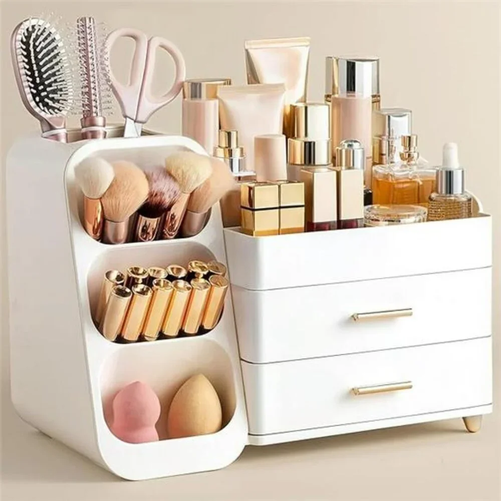 Makeup Organizer with Brush Holder Vanity Skincare Storage Drawers White